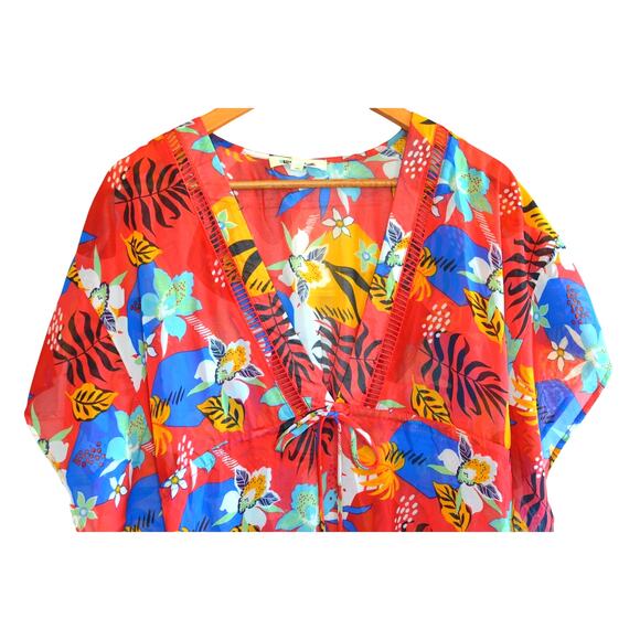 Miken Swim Women's Cinched Waist Kimono in Red Paradise Pinkhoney Bee - Picture 2 of 5